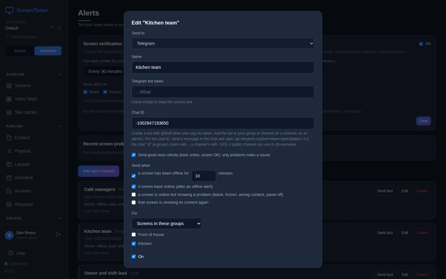 The Edit Kitchen team form. Send to is Telegram and cannot be changed. The Telegram bot token box shows only its last four characters with the hint Leave empty to keep the current one. Chat ID is -1002847193650 with a hint about BotFather and getUpdates. Send good news silently is ticked. Send when has offline for 10 minutes and back online ticked. For is Screens in these groups, with Kitchen ticked and Front of house not.