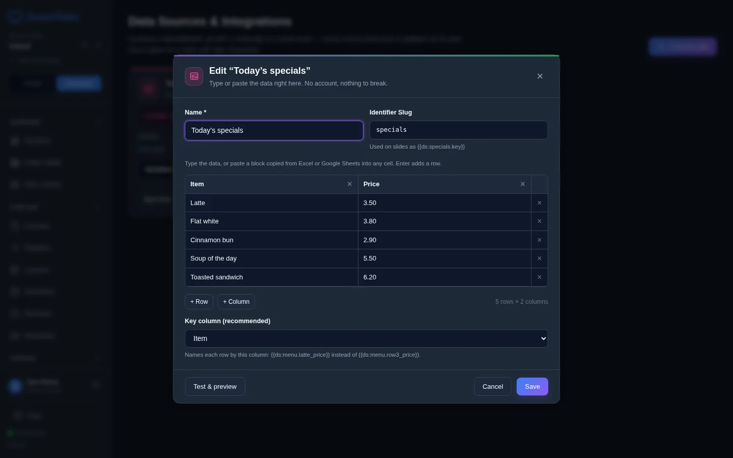 Editing the manual table Today's specials, slug specials. A grid with the columns Item and Price lists Latte 3.50, Flat white 3.80, Cinnamon bun 2.90, Soup of the day 5.50 and Toasted sandwich 6.20. Below it, + Row and + Column buttons, and Key column (recommended) is set to Item.