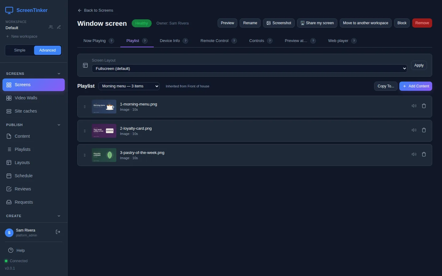 The Playlist tab of Window screen. The playlist picker shows Morning menu with 3 items, and next to it the label Inherited from Front of house. Below are the three items: 1-morning-menu.png, 2-loyalty-card.png and 3-pastry-of-the-week.png, 10 seconds each.