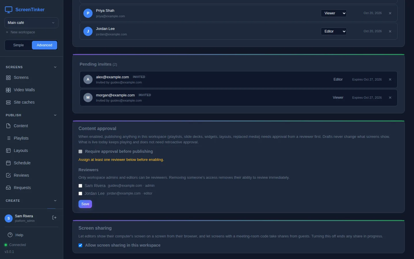 The Content approval card on the members page. It explains that publishing needs approval from a reviewer when enabled. Require approval before publishing is unticked, with a note to assign at least one reviewer before enabling. Under Reviewers, Sam Rivera (admin) and Jordan Lee (editor) can be ticked, followed by a Save button.